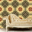 Load image into Gallery viewer, Red and black vintage Art Nouveau fabric peel and stick wallpaper with gold sofa
