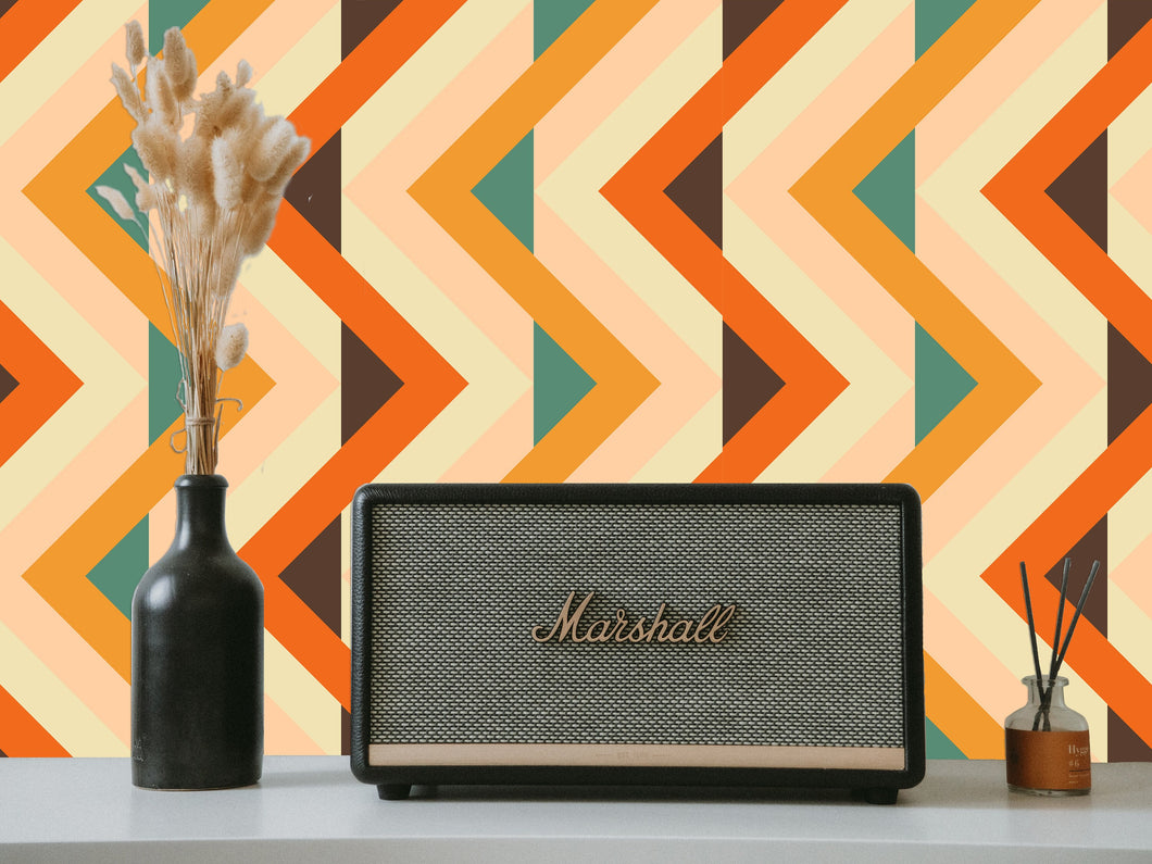 Bold orange and blue geometric retro vintage fabric peel and stick wallpaper with vintage radio and plant