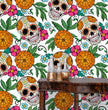 Load image into Gallery viewer, Sugar skull gothic floral fabric peel and stick wallpaper with table and gold jars
