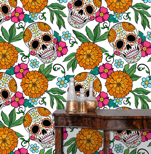 Sugar skull gothic floral fabric peel and stick wallpaper with table and gold jars