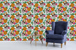 Load image into Gallery viewer, Sugar skull gothic floral fabric peel and stick wallpaper with blue chair
