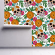 Load image into Gallery viewer, Sugar skull gothic floral fabric peel and stick wallpaper on wall partially rolled up
