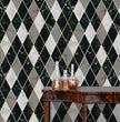 Load image into Gallery viewer, Black and grey vintage Art Deco geometric fabric peel and stick wallpaper with table and gold jars
