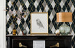 Load image into Gallery viewer, Black and grey vintage Art Deco geometric fabric peel and stick wallpaper with piano, lamp and picture
