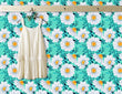 Load image into Gallery viewer, Blue and white floral daisy cottage fabric peel and stick wallpaper with little girl&#39;s dress hanging on a hook
