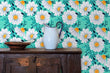 Load image into Gallery viewer, Blue and white floral daisy cottage fabric peel and stick wallpaper with cabinet, water pitcher and bowl

