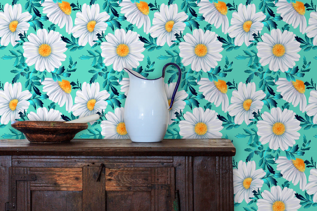 Blue and white floral daisy cottage fabric peel and stick wallpaper with cabinet, water pitcher and bowl