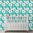 Load image into Gallery viewer, Blue and white floral daisy cottage fabric peel and stick wallpaper in little girl&#39;s nursery with crib
