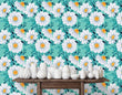 Load image into Gallery viewer, Blue and white floral daisy cottage fabric peel and stick wallpaper with table and white vases
