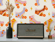 Load image into Gallery viewer, Vintage retro 1970s roller skates fabric peel and stick wallpaper with vintage radio, vase and cattails
