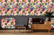 Load image into Gallery viewer, 80s pink and blue tropical retro fabric peel and stick wallpaper with vintage radio, plant and chair
