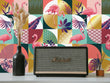 Load image into Gallery viewer, 80s pink and blue tropical retro fabric peel and stick wallpaper with vintage radio, vase and plant
