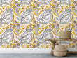 Load image into Gallery viewer, Yellow and grey botanical floral fabric peel and stick wallpaper with bench and baskets
