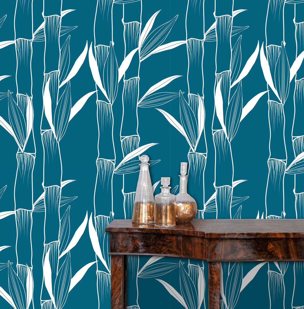 Blue bamboo botanical Asian fabric peel and stick wallpaper with table and gold jars