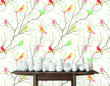 Load image into Gallery viewer, Colorful botanical bird fabric peel and stick wallpaper with table and white vases

