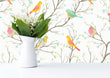 Load image into Gallery viewer, Colorful botanical bird fabric peel and stick wallpaper with pitcher and flowers
