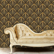 Load image into Gallery viewer, Black and gold vintage geometric Art Deco fabric peel and stick wallpaper with gold sofa
