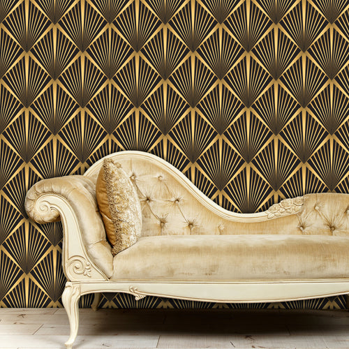 Black and gold vintage geometric Art Deco fabric peel and stick wallpaper with gold sofa