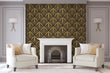 Load image into Gallery viewer, Black and gold vintage geometric Art Deco fabric peel and stick wallpaper with chairs and fireplace
