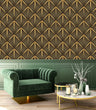 Load image into Gallery viewer, Black and gold vintage geometric Art Deco fabric peel and stick wallpaper with green chair and coffee table
