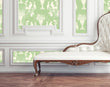 Load image into Gallery viewer, Light green English Chinoiserie botanical fabric peel and stick wallpaper with white sofa
