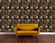 Load image into Gallery viewer, Black skull gothic bird botanical fabric peel and stick wallpaper with orange sofa

