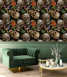 Load image into Gallery viewer, Black skull gothic bird botanical fabric peel and stick wallpaper with green chair and coffee table
