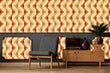 Load image into Gallery viewer, Bold orange and blue geometric retro vintage fabric peel and stick wallpaper with vintage radio, plant and chair
