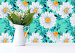 Load image into Gallery viewer, Blue and white floral daisy cottage fabric peel and stick wallpaper with pitcher with flowers
