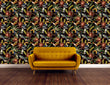 Load image into Gallery viewer, Tropical bird botanical floral fabric peel and stick wallpaper with yellow sofa

