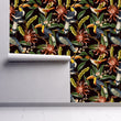 Load image into Gallery viewer, Tropical bird botanical floral fabric peel and stick wallpaper on wall partially rolled up
