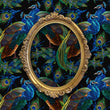 Load image into Gallery viewer, Black and blue dark topical botanical peacock fabric peel and stick wallpaper with gold mirror
