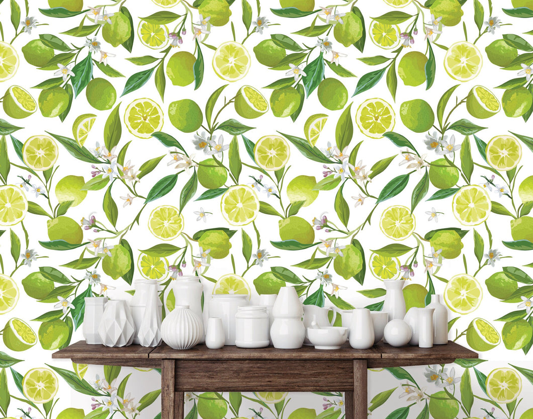 Green citrus limes vintage floral fabric peel and stick wallpaper with table and white jars