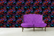 Load image into Gallery viewer, Dark bold moody gothic floral fabric peel and stick wallpaper with purple velvet sofa
