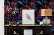 Load image into Gallery viewer, Dark bold moody gothic floral fabric peel and stick wallpaper with piano, lamp and picture
