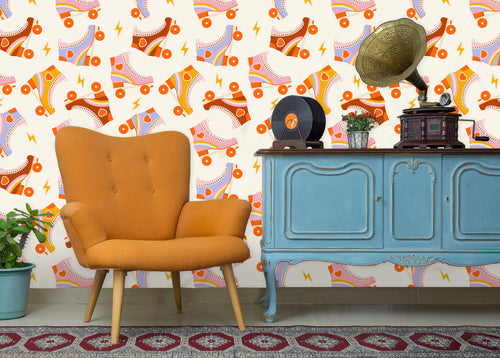 Vintage retro 1970s roller skates fabric peel and stick wallpaper with blue cabinet, vintage radio and orange chairs
