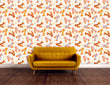 Load image into Gallery viewer, Vintage retro 1970s roller skates fabric peel and stick wallpaper with orange sofa

