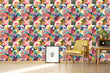 Load image into Gallery viewer, 80s pink and blue tropical retro fabric peel and stick wallpaper with vintage radio, chair and picture
