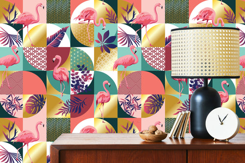 80s pink and blue tropical retro fabric peel and stick wallpaper with cabinet, lamp and clock