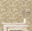Load image into Gallery viewer, Asian Chinoiserie Victorian botanical fabric peel and stick wallpaper with fireplace mantle and flowers in a vase
