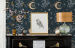 Load image into Gallery viewer, Witchy boho dark moon and stars fabric wallpaper with piano, lamp and picture
