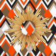 Load image into Gallery viewer, Orange and brown geometric retro Mid-century modern fabric peel and stick wallpaper with gold starburst mirror
