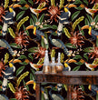 Load image into Gallery viewer, Tropical bird botanical floral fabric peel and stick wallpaper with table and gold jars
