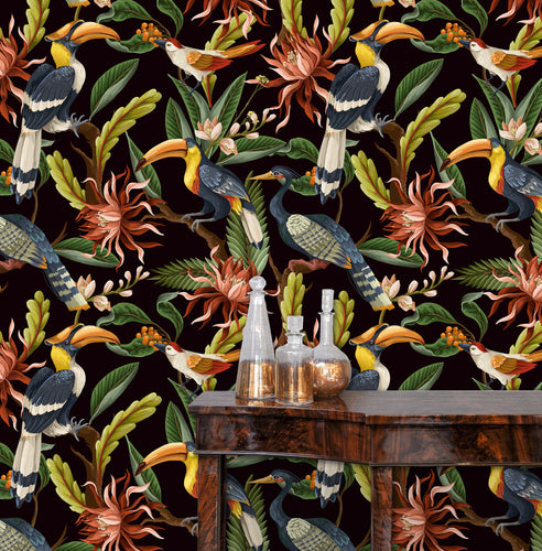 Tropical bird botanical floral fabric peel and stick wallpaper with table and gold jars