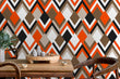 Load image into Gallery viewer, Orange and brown geometric retro Mid-century modern fabric peel and stick wallpaper with table and chairs
