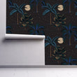 Load image into Gallery viewer, Dark tropical peel and stick wallpaper partially rolled up wall
