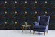 Load image into Gallery viewer, Dark tropical peel and stick wallpaper with accent table and blue side chair
