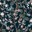 Load image into Gallery viewer, Chinoiserie Fabric, Victorian Material, Botanical Textiles, Floral Design, Garden Cloth, Vintage Fabric, Bird Pattern, Fabric By The Yard
