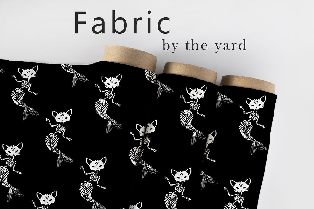 Skeleton Fabric, Kitten Mermaid Material, Gothic Textiles, Goth Design, Halloween Cloth, Maximalist Fabric, Dark Pattern, Fabric By The Yard