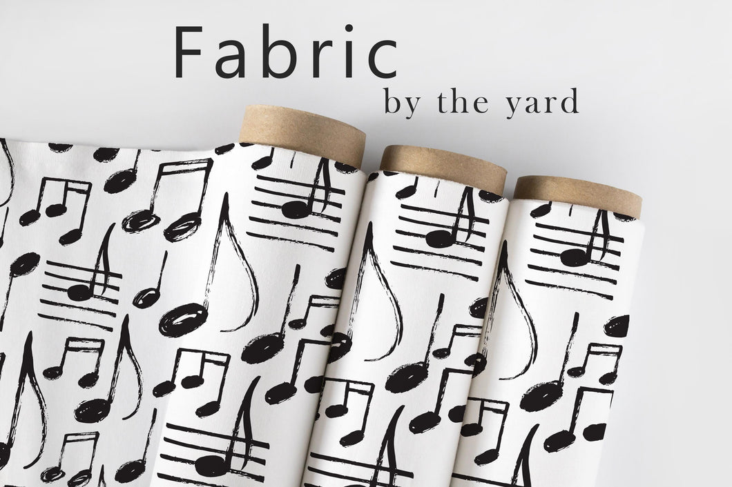 Music Notes Fabric, Musician Material, Musical Textiles, Black and White Design, Music Room Cloth, Writing Music Fabric, Fabric By The Yard